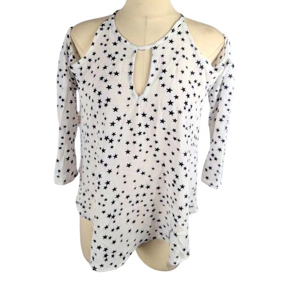 Seven Sisters Womens Cold Shoulder Top White Black Stars Size L - Picture 1 of 2